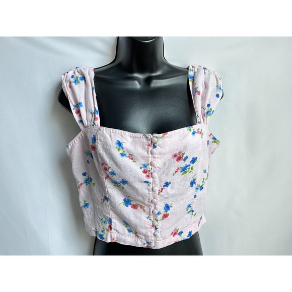Forever 21 Barbiecore Linen Crop Top Floral Size M Ruffles Pink Button Front - Picture 10 of 10